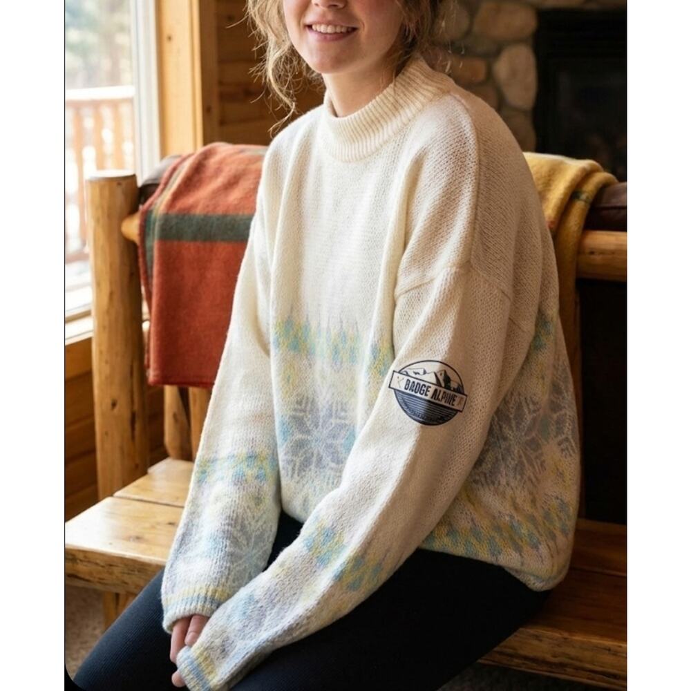 Vintage Badge Alpine Ski Sweater Large Cream Pastel Fair Isle Knit Mock Neck 90s